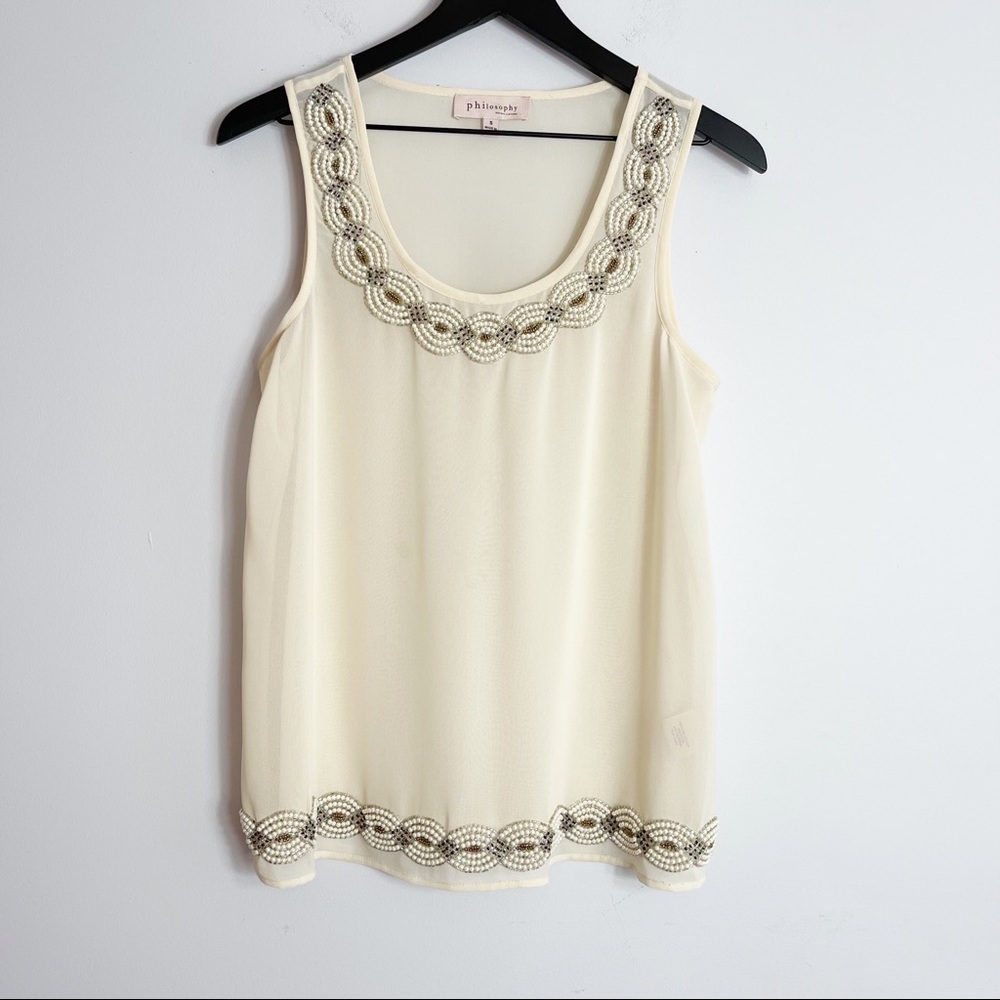 Philosophy S Pearl & Bead Embellished Cream Sleeveless Top NWOT